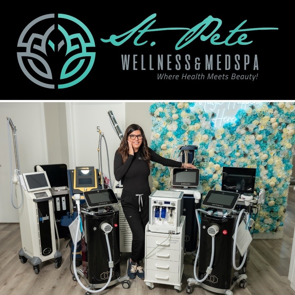 The St Pete Wellness Med Spa logo above a lineup of advanced InMode and DiamondGlow aesthetic devices